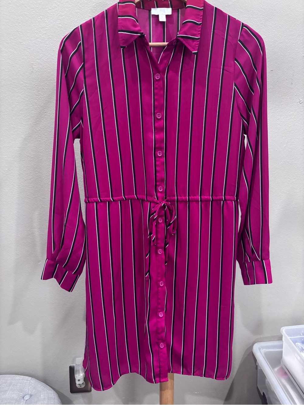 Charming Charlie Magenta/Hit Pink Striped Long Sleeve Shirt Dress